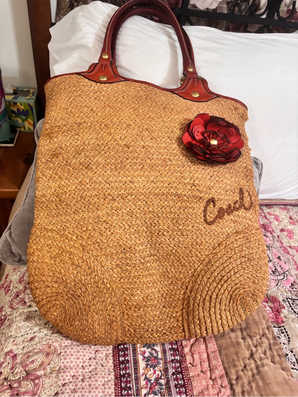Coach Straw Tote with Red Leather Trim and Red Flower Accent